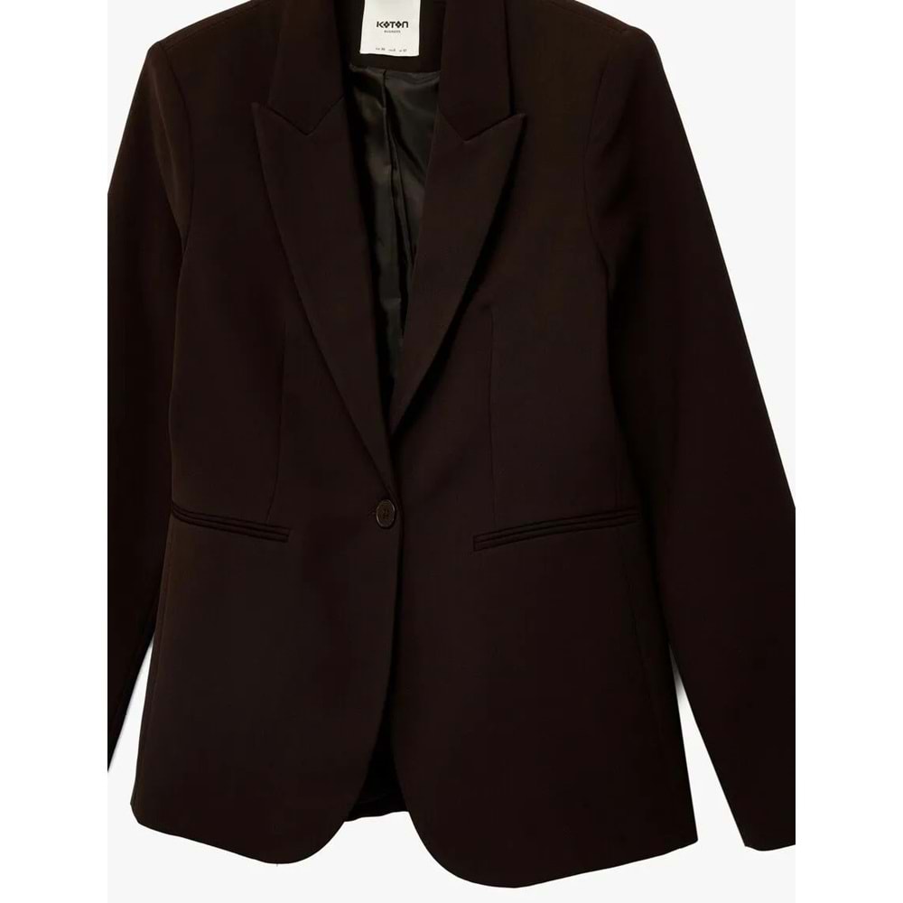 Kadın Giyim Düğmeli Cepli Geniş Yaka Krep Blazer Ceket - KOTON - 6SAK50039UW - KAHVERENGİ - 34