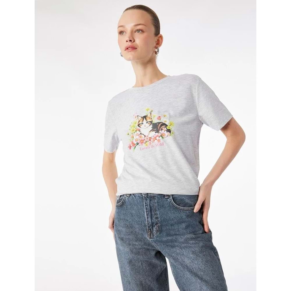 Kadın Giyim Kısa Kollu Bisiklet Yaka Kedi Baskılı Tişört - KOTON - 6SAK50047EK - GRİ MELANJ - S