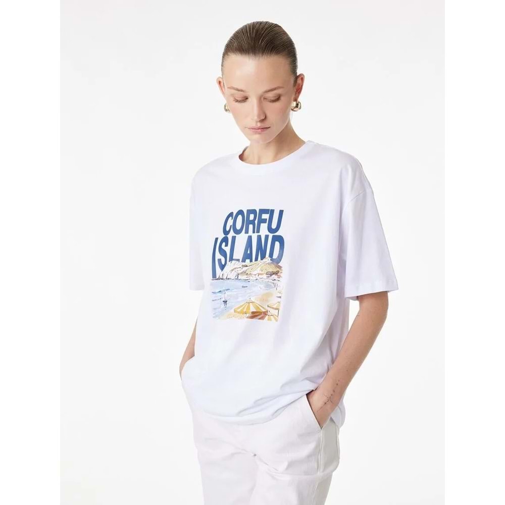 Kadın Giyim Pamuklu Kısa Kollu Baskılı Bisiklet Yaka Baskılı Tişört - KOTON - 6SAK50049EK - BEYAZ - S