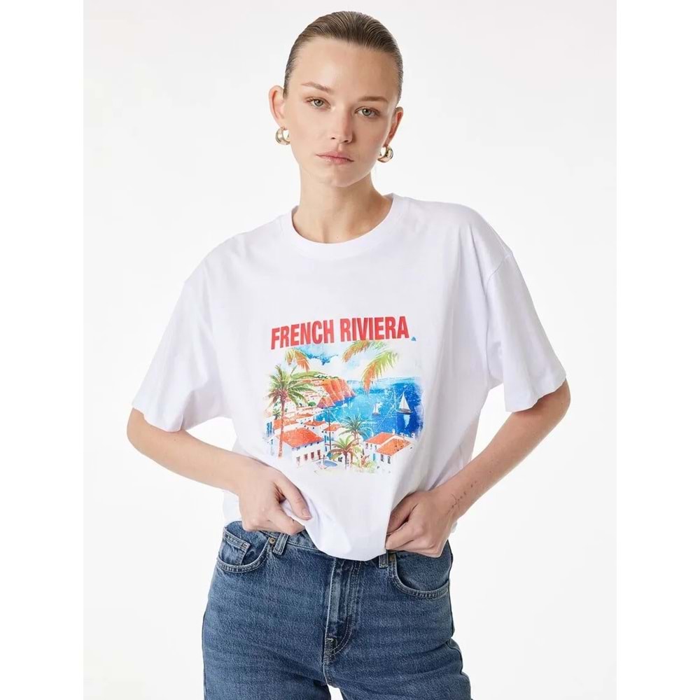 Kadın Giyim Pamuklu Kısa Kollu Bisiklet Yaka Baskılı Tişört - KOTON - 6SAK50050EK - BEYAZ - XL