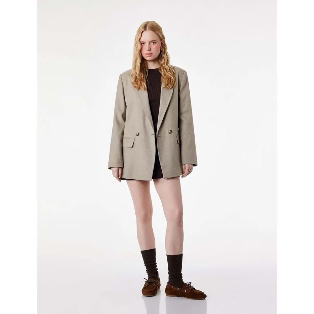 Kadın Giyim Uzun Kollu Viskon Karışımlı Düğmeli Cepli Kruvaze Yaka Blazer Ceket - KOTON - 6SAK50052UW - VİZON - 38