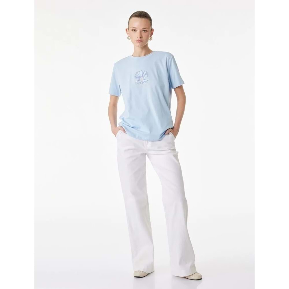 Kadın Giyim Pamuklu Kısa Kollu Bisiklet Yaka Deniz Kabuğu Baskılı Tişört - KOTON - 6SAK50054EK - MAVİ - L