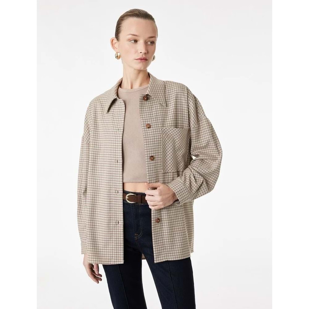 Kadın Giyim Uzun Kollu Cep Detaylı Oversize Ekose Gömlek Ceket - KOTON - 6SAK50055PW - KAHVERENGİ EKOSE - 36