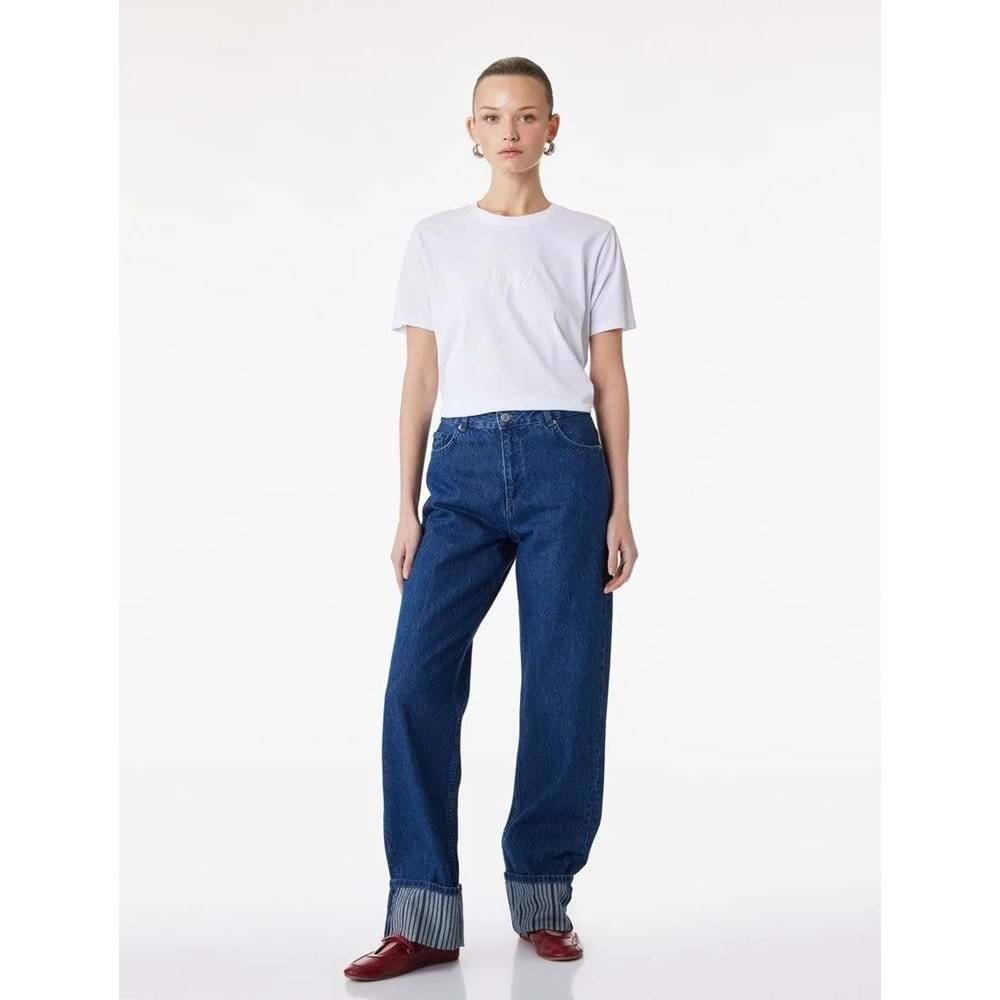 Kadın Giyim Pamuklu Kısa Kollu Bisiklet Yaka Kabartma Baskı Detaylı Tişört - KOTON - 6SAK50056EK - BEYAZ - XXL