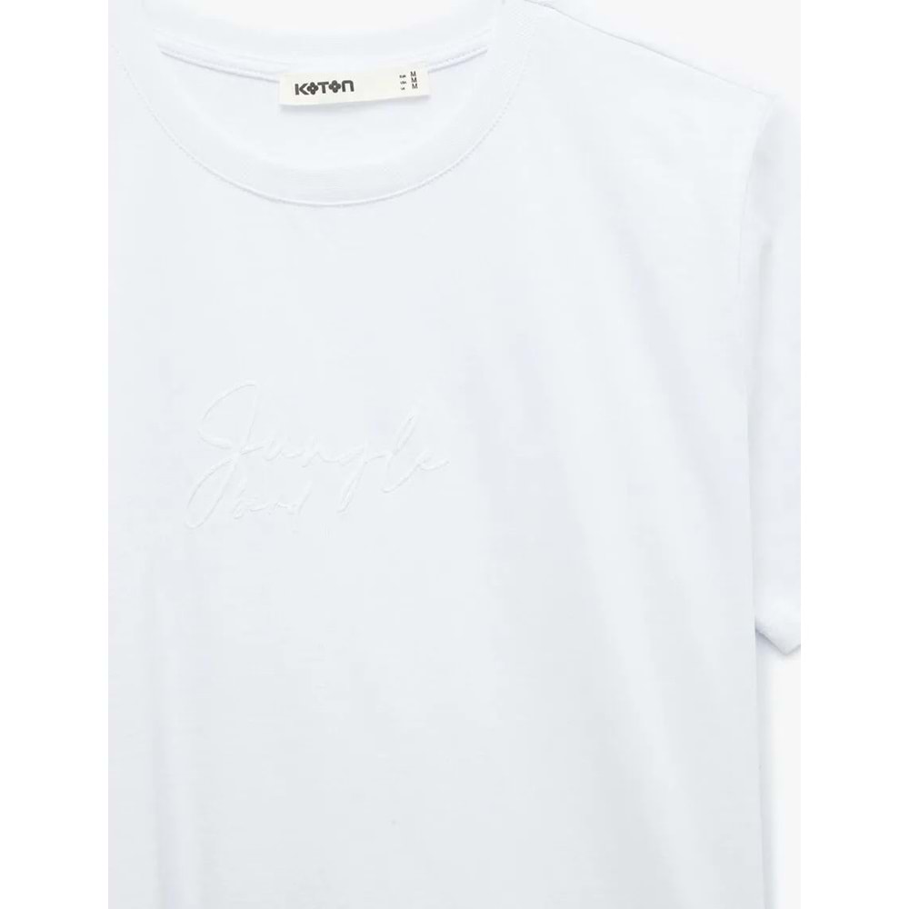Kadın Giyim Pamuklu Kısa Kollu Bisiklet Yaka Kabartma Baskı Detaylı Tişört - KOTON - 6SAK50056EK - BEYAZ - XXL