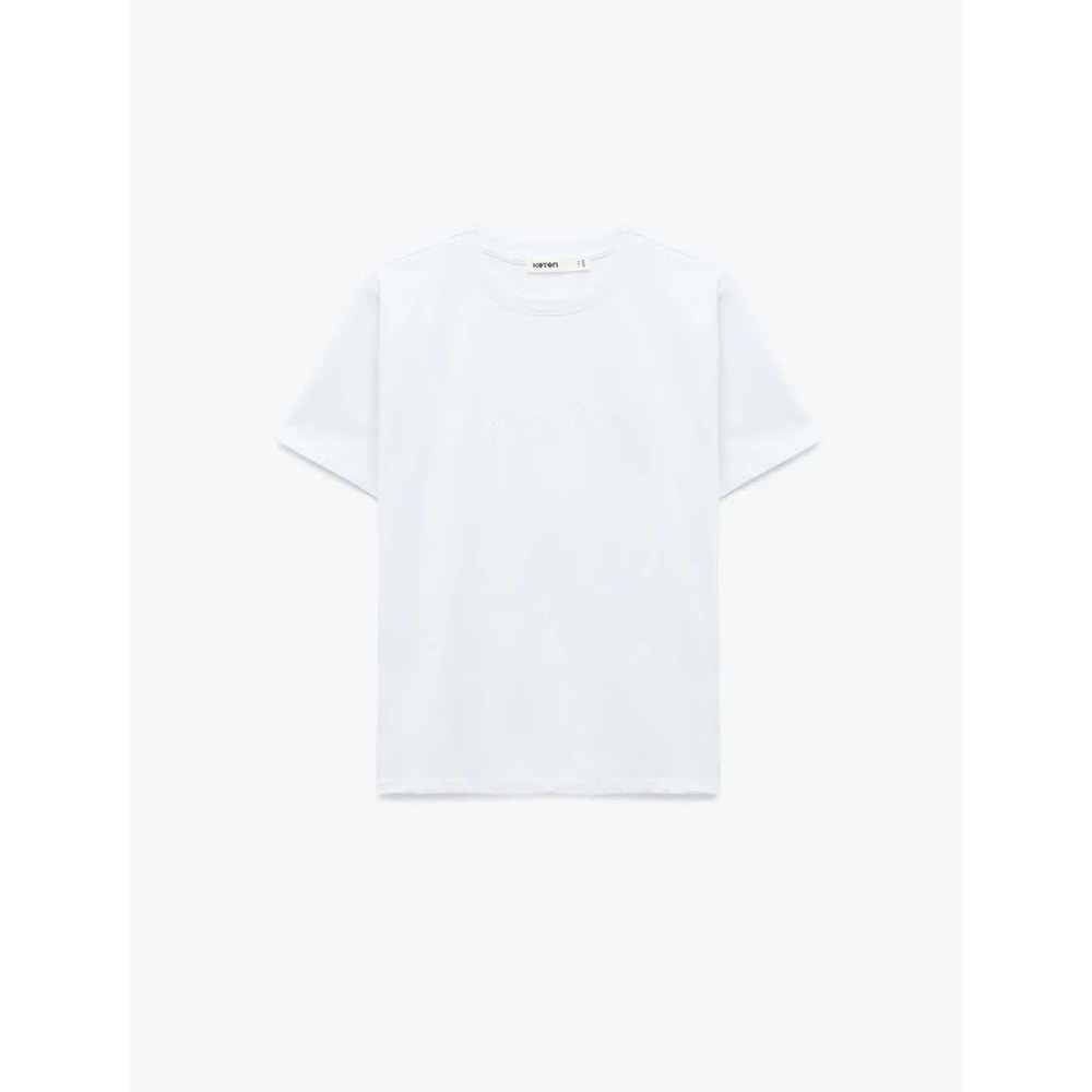 Kadın Giyim Pamuklu Kısa Kollu Bisiklet Yaka Kabartma Baskı Detaylı Tişört - KOTON - 6SAK50056EK - BEYAZ - XXL