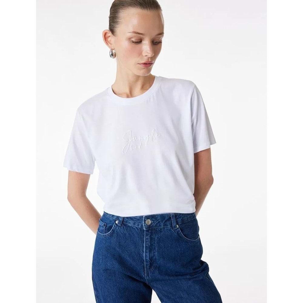 Kadın Giyim Pamuklu Kısa Kollu Bisiklet Yaka Kabartma Baskı Detaylı Tişört - KOTON - 6SAK50056EK - BEYAZ - XXL