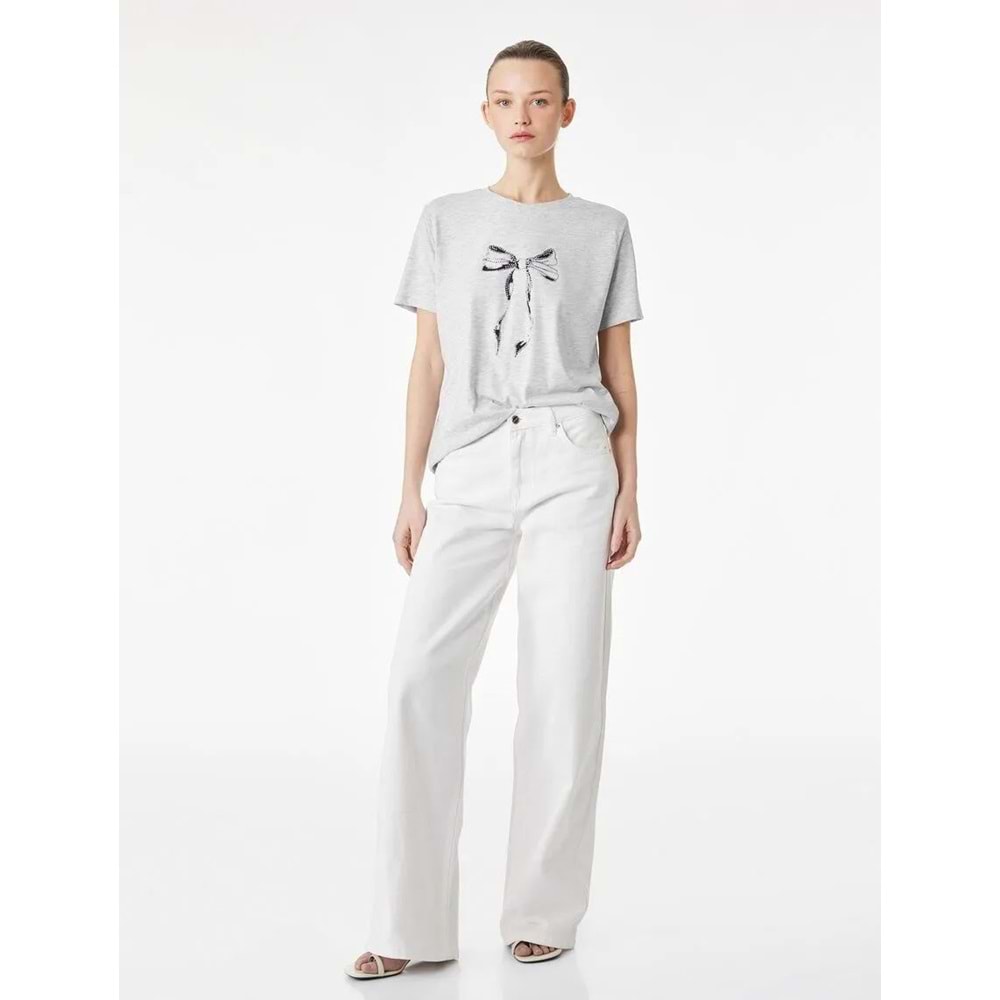 Kadın Giyim Kısa Kollu Bisiklet Yaka Taşlı Fiyonk Baskılı Tişört - KOTON - 6SAK50058EK - GRİ MELANJ - L