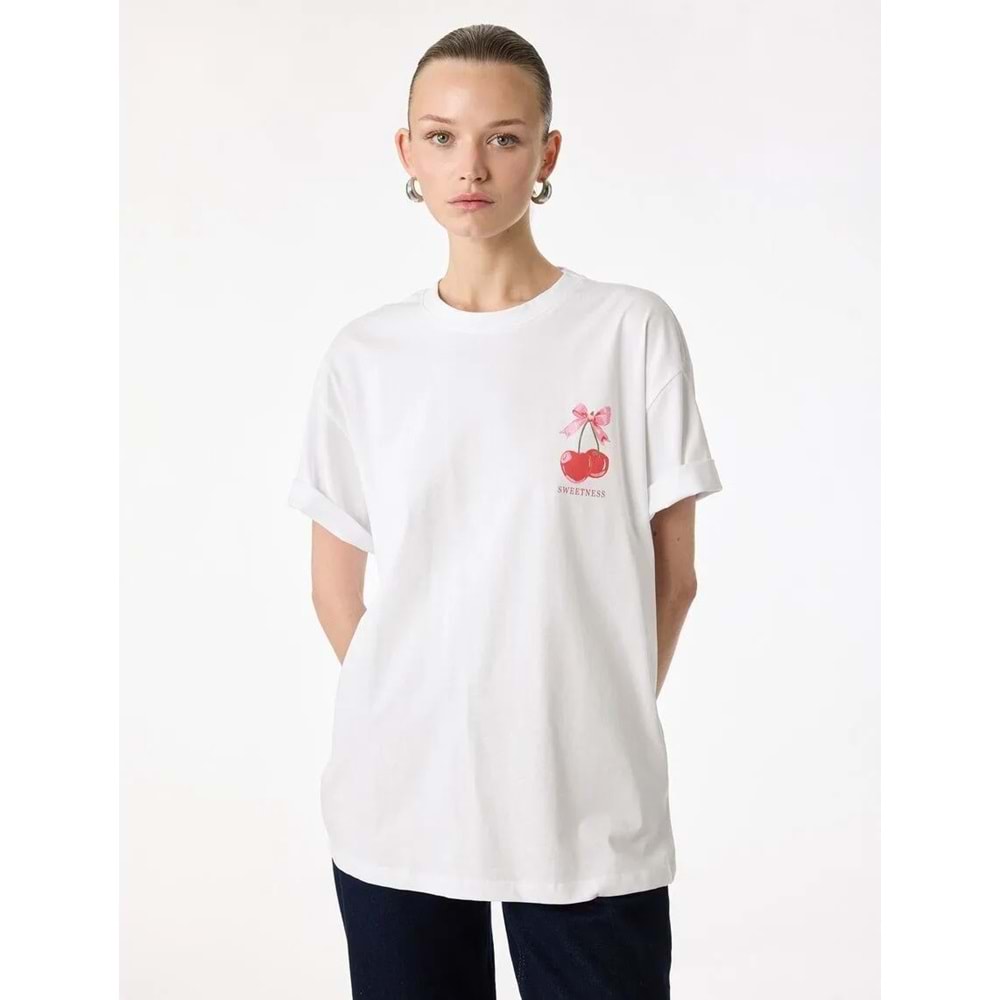 Kadın Giyim Pamuklu Kısa Kollu Bisiklet Yaka Arkası Kiraz Baskılı Tişört - KOTON - 6SAK50060EK - BEYAZ - M
