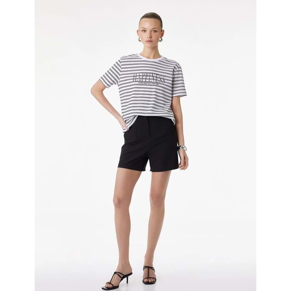 Kadın Giyim Pamuklu Kısa Kollu Bisiklet Yaka Baskılı Taşlı Çizgili Tişört - KOTON - 6SAK50071EK - SİYAH ÇİZGİLİ - S