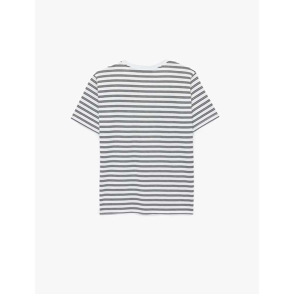 Kadın Giyim Pamuklu Kısa Kollu Bisiklet Yaka Baskılı Taşlı Çizgili Tişört - KOTON - 6SAK50071EK - SİYAH ÇİZGİLİ - S