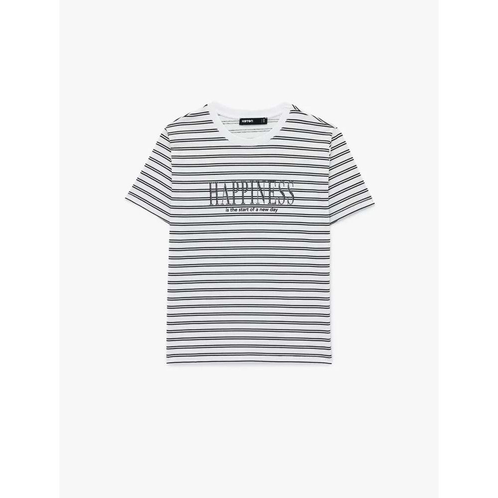 Kadın Giyim Pamuklu Kısa Kollu Bisiklet Yaka Baskılı Taşlı Çizgili Tişört - KOTON - 6SAK50071EK - SİYAH ÇİZGİLİ - S