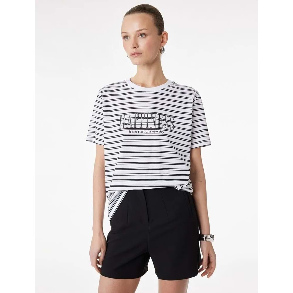 Kadın Giyim Pamuklu Kısa Kollu Bisiklet Yaka Baskılı Taşlı Çizgili Tişört - KOTON - 6SAK50071EK - SİYAH ÇİZGİLİ - S