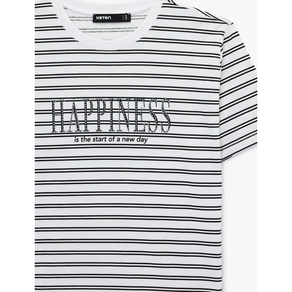 Kadın Giyim Pamuklu Kısa Kollu Bisiklet Yaka Baskılı Taşlı Çizgili Tişört - KOTON - 6SAK50071EK - SİYAH ÇİZGİLİ - S