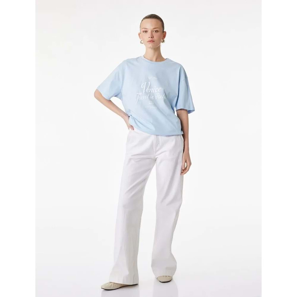 Kadın Giyim Kısa Kollu Bisiklet Yaka Baskılı Oversize Tişört - KOTON - 6SAK50083EK - MAVİ - S