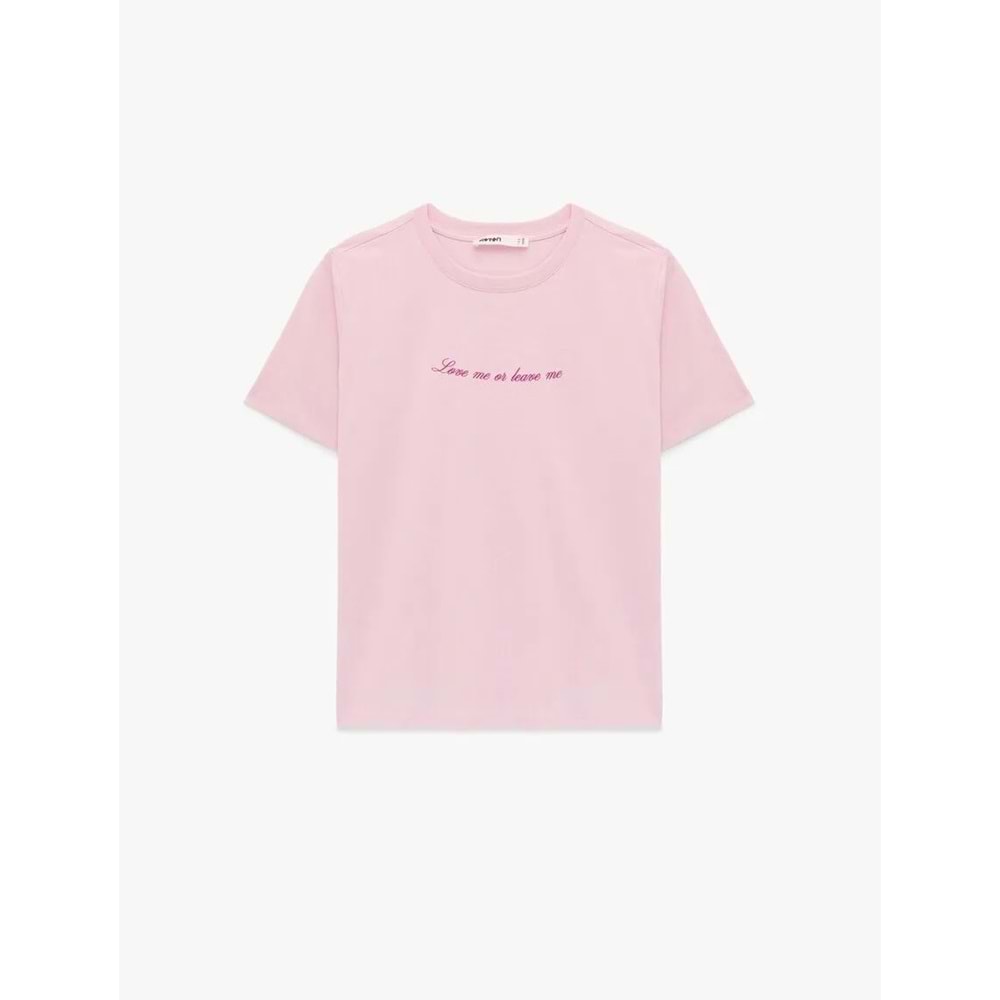 Kadın Giyim Regular Fit Kısa Kollu Baskılı Bisiklet Yaka Baskılı Tişört - KOTON - 6SAK50094EK - PEMBE - M