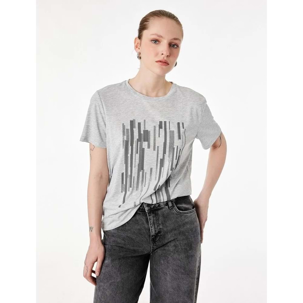 Kadın Giyim Kısa Kollu Bisiklet Yaka Baskılı Tişört - KOTON - 6SAK50126EK - GRİ MELANJ - S