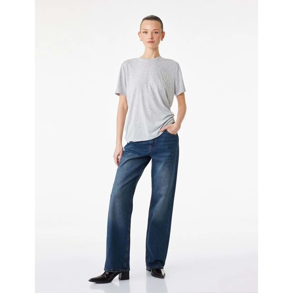 Kadın Giyim Kısa Kollu Bisiklet Yaka Baskı Detaylı Tişört - KOTON - 6SAK50137EK - GRİ MELANJ - S