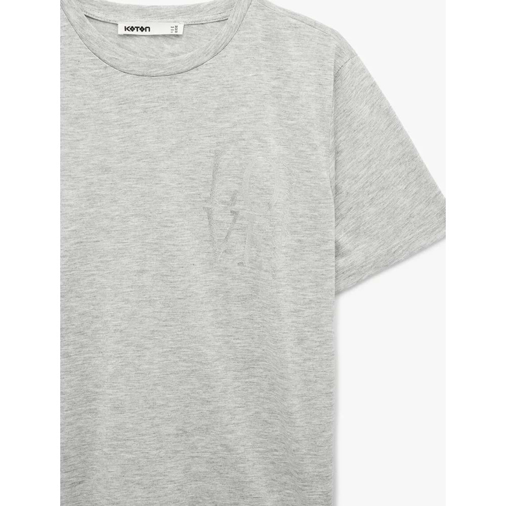 Kadın Giyim Kısa Kollu Bisiklet Yaka Baskı Detaylı Tişört - KOTON - 6SAK50137EK - GRİ MELANJ - S