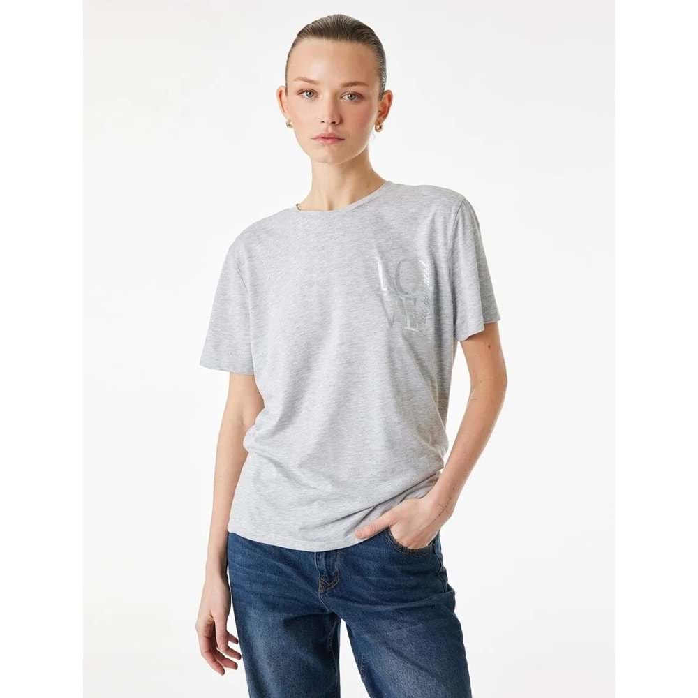 Kadın Giyim Kısa Kollu Bisiklet Yaka Baskı Detaylı Tişört - KOTON - 6SAK50137EK - GRİ MELANJ - S