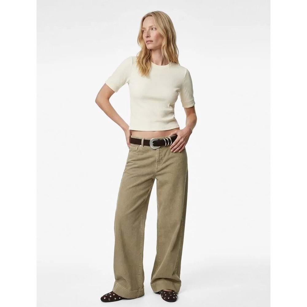 Kadın Giyim Viskon Kumaş Slim Fit Kısa Kollu Bisiklet Yaka Tişört - KOTON - 6SAK50186EK - EKRU - L