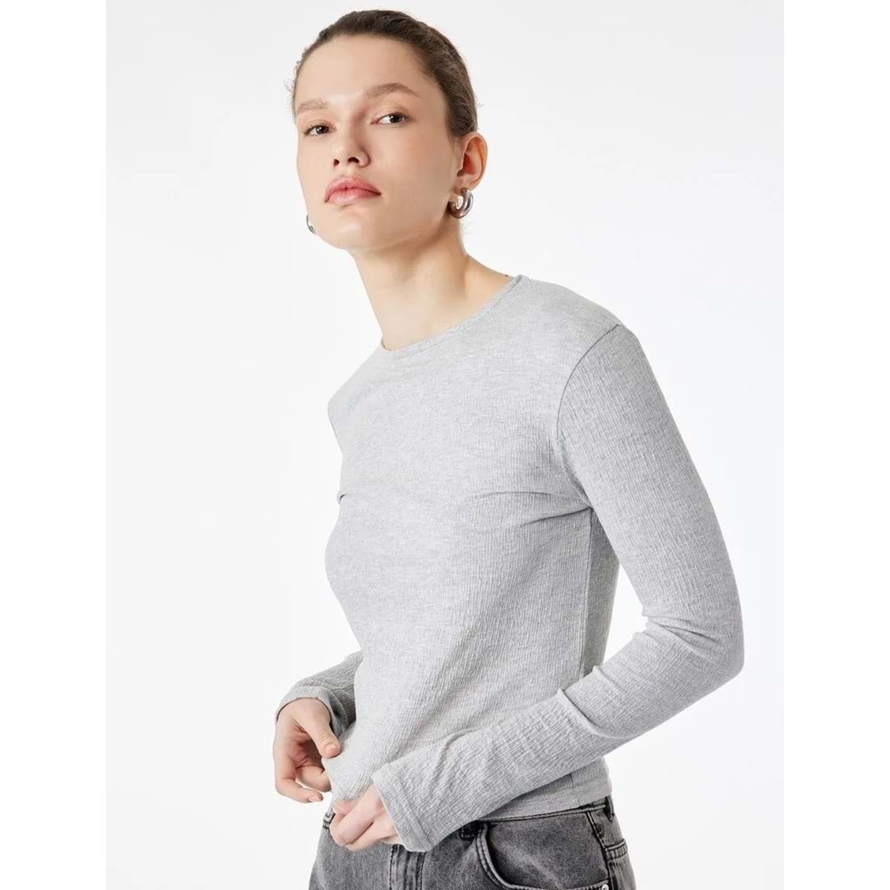 Kadın Giyim Slim Fit Uzun Kollu Bisiklet Yaka Basic Tişört - KOTON - 6SAK50342EK - GRİ - M