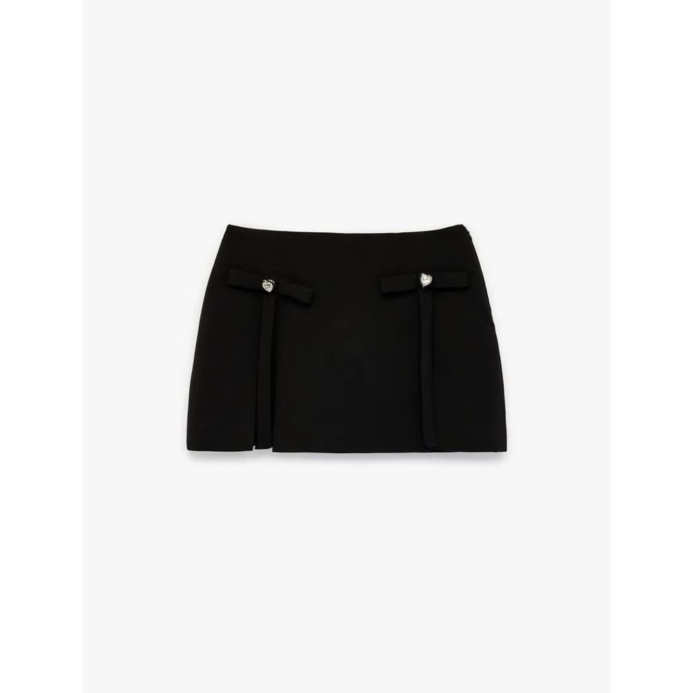 Kadın Giyim Kalpli Mücevher Düğme Detaylı Fiyonklu Şortlu Mini Etek - KOTON - 6SAK70068PW - SİYAH - 36