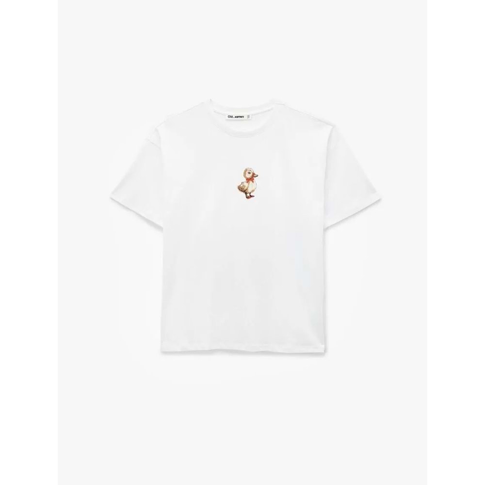 Kadın Giyim Pamuklu Kısa Kollu Bisiklet Yaka Ördek Nakışlı Oversize Tişört - KOTON - 6SAL10072IK - EKRU - L