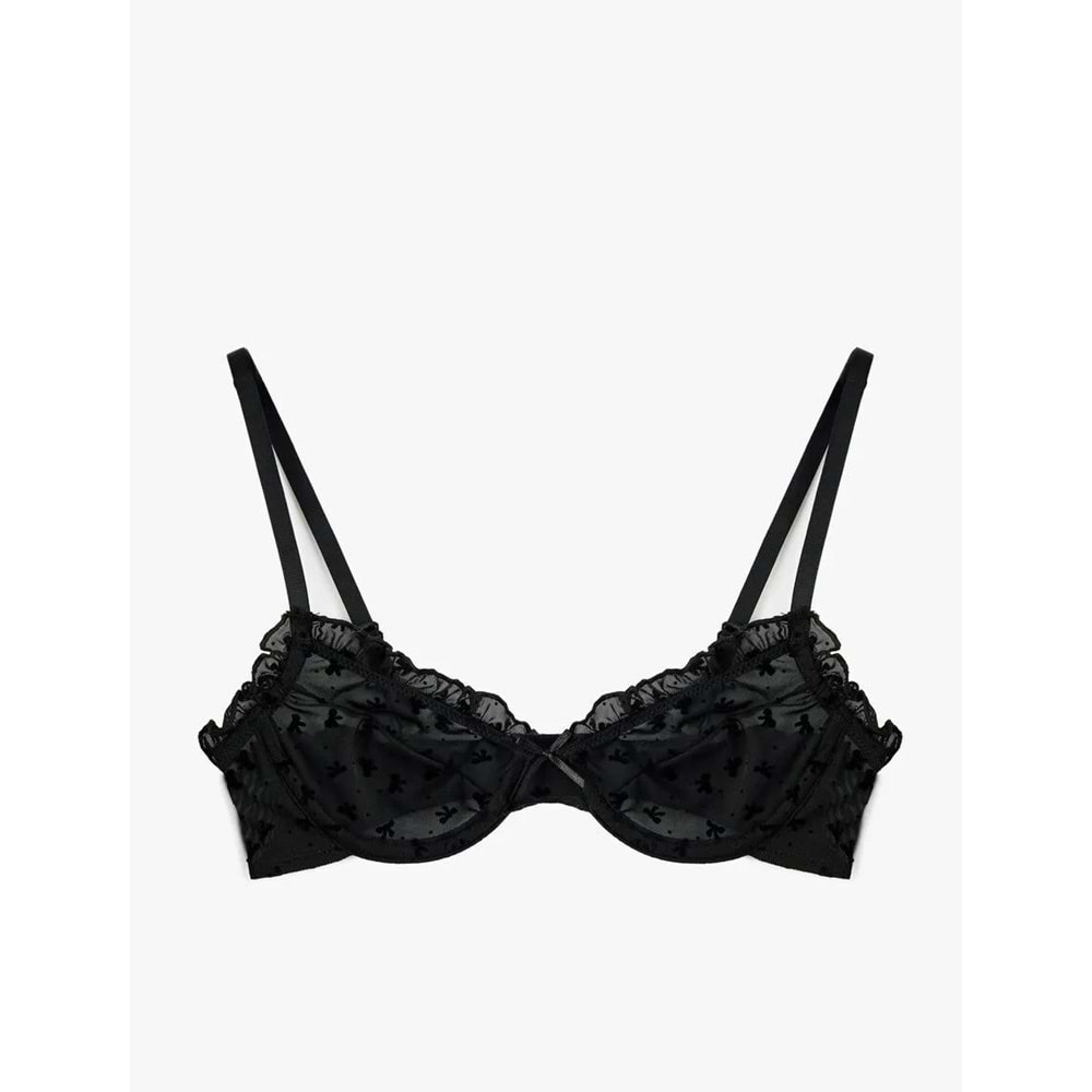 Kadın İç Giyim Fırfır Detaylı Rahat Kalıp Balenli Dolgusuz Sütyen - KOTON - 6WLK10104MK- SİYAH - 80B