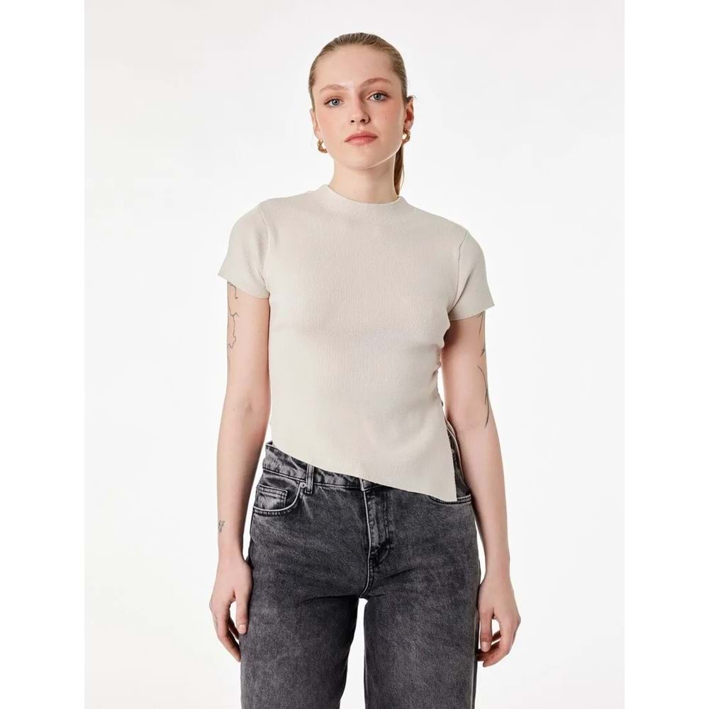 Kadın Giyim Asimetrik Kesim Kısa Kollu Bisiklet Yaka Büzgülü Triko Tişört - KOTON - 6WAK90617HT - BEJ - L