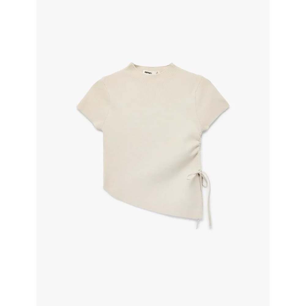 Kadın Giyim Asimetrik Kesim Kısa Kollu Bisiklet Yaka Büzgülü Triko Tişört - KOTON - 6WAK90617HT - BEJ - L