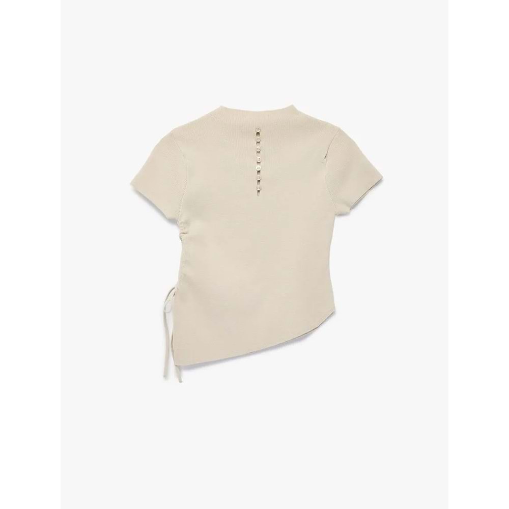 Kadın Giyim Asimetrik Kesim Kısa Kollu Bisiklet Yaka Büzgülü Triko Tişört - KOTON - 6WAK90617HT - BEJ - L