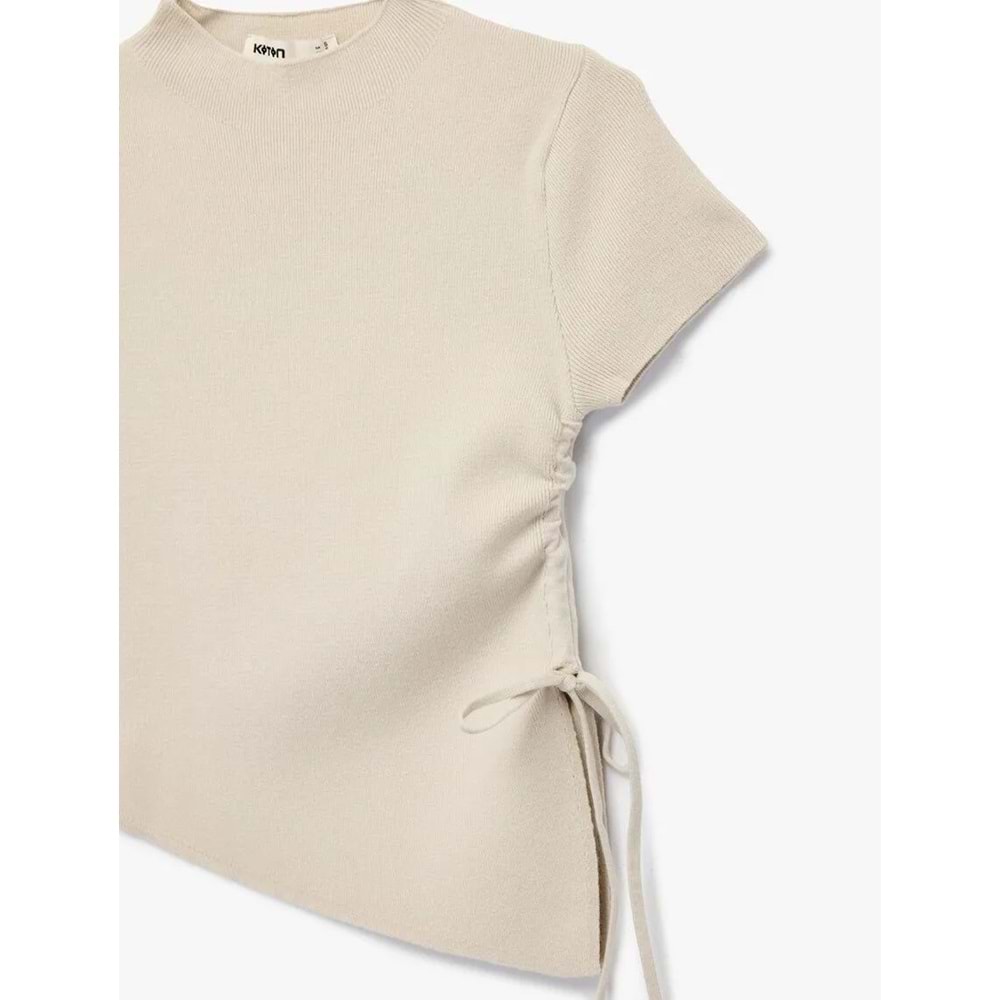 Kadın Giyim Asimetrik Kesim Kısa Kollu Bisiklet Yaka Büzgülü Triko Tişört - KOTON - 6WAK90617HT - BEJ - L