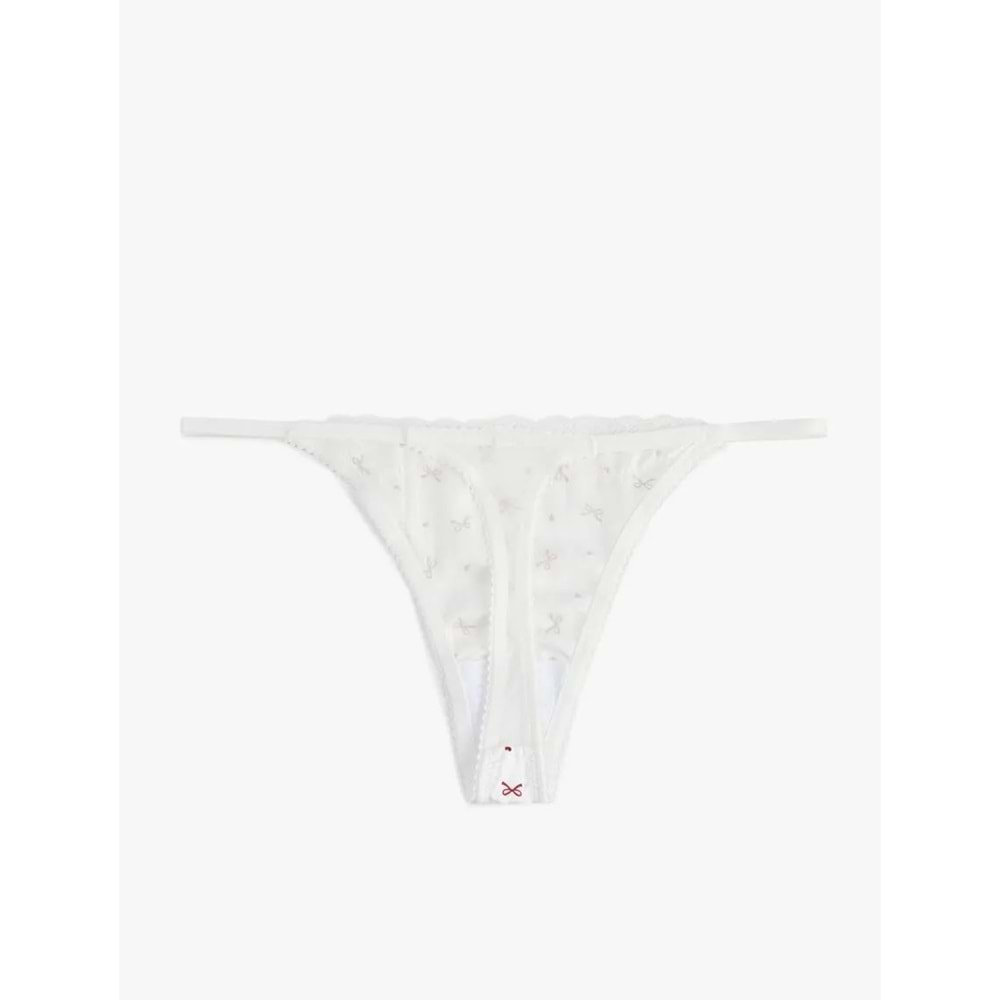 Kadın İç Giyim Kurdele Baskılı Dantel Detaylı Saten String Külot - KOTON - 6SLK30068MK - KIRMIZI DESENLİ - M