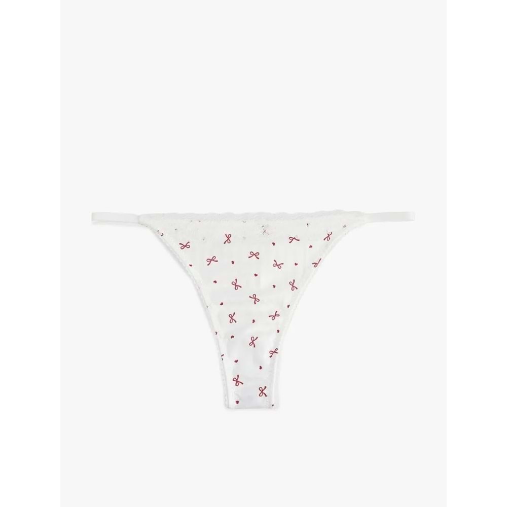 Kadın İç Giyim Kurdele Baskılı Dantel Detaylı Saten String Külot - KOTON - 6SLK30068MK - KIRMIZI DESENLİ - M