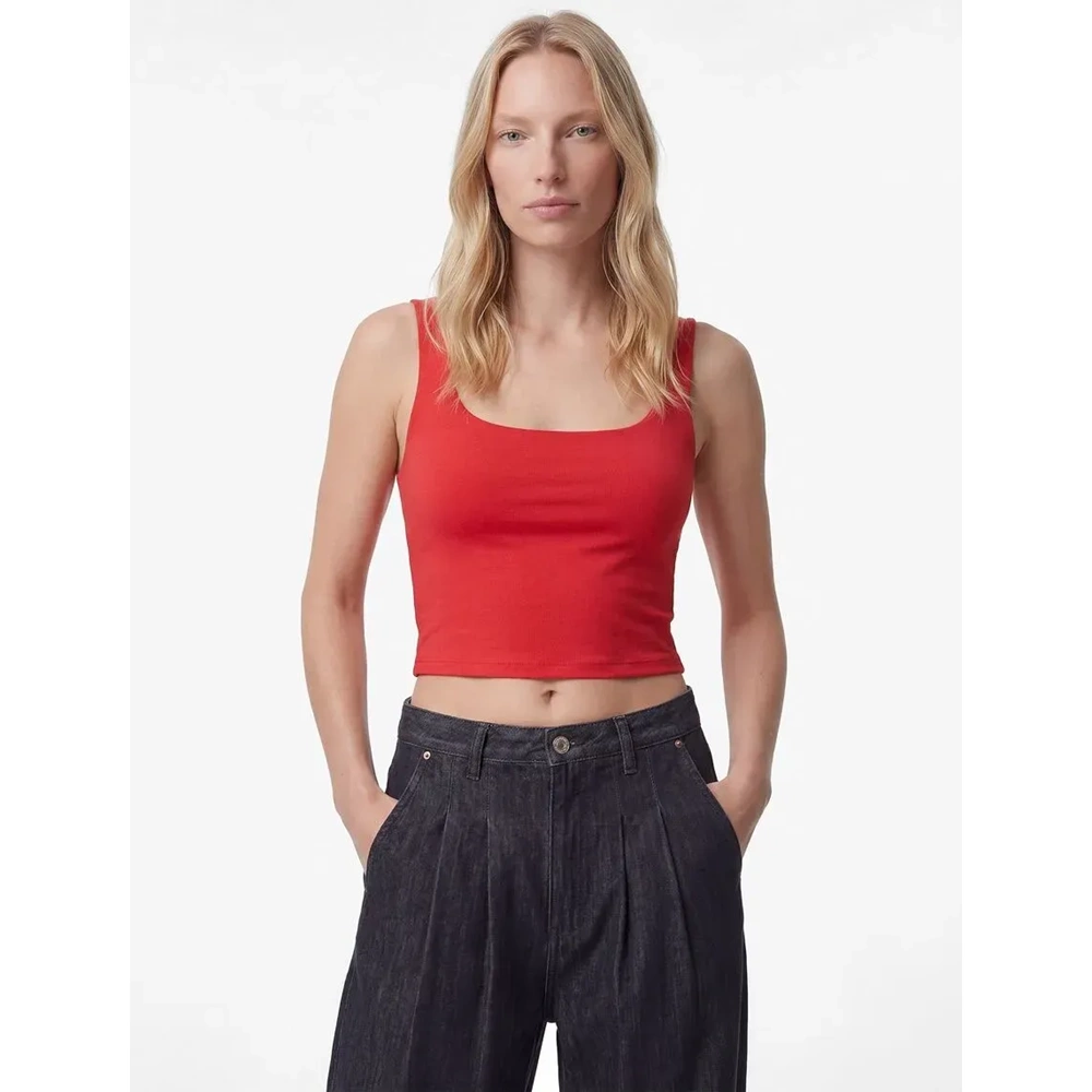 Kare Yaka Slim Fit Kalın Askılı Crop Üst 6SAK10228EK - KOTON - KIRMIZI - M
