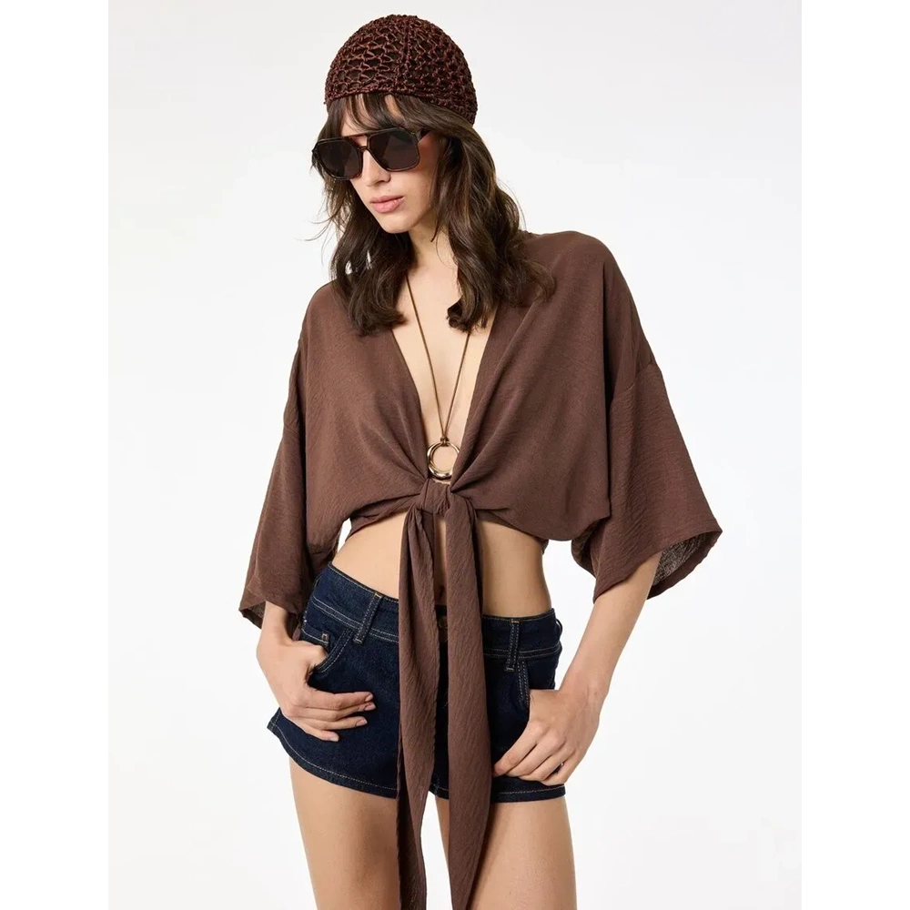 Kısa Kollu Kruvaze Yaka Bağlamalı Crop Oversize Kimono 6SAL50004IW - KOTON - KAHVERENGİ - 36