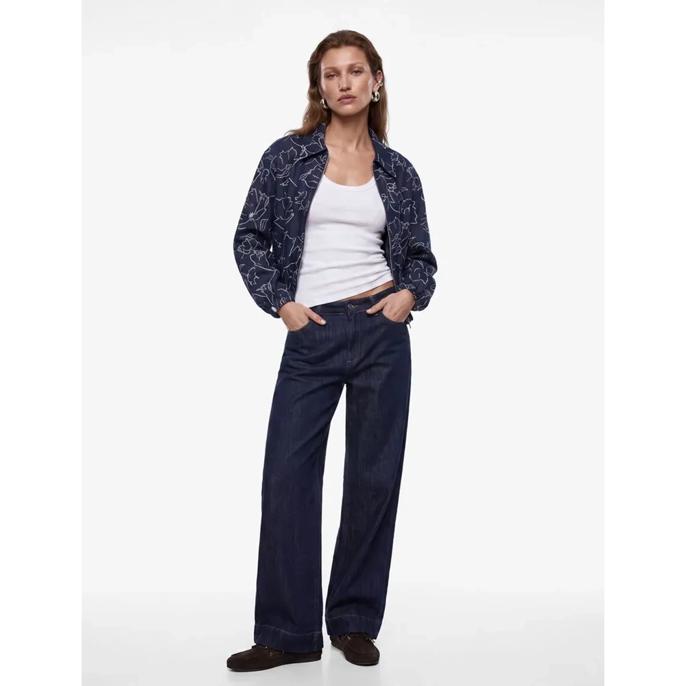 Uzun Kollu Oversize Çiçek Desenli Bomber Ceket 7WAK50010PW - KOTON - Lacivert Desenli - 38