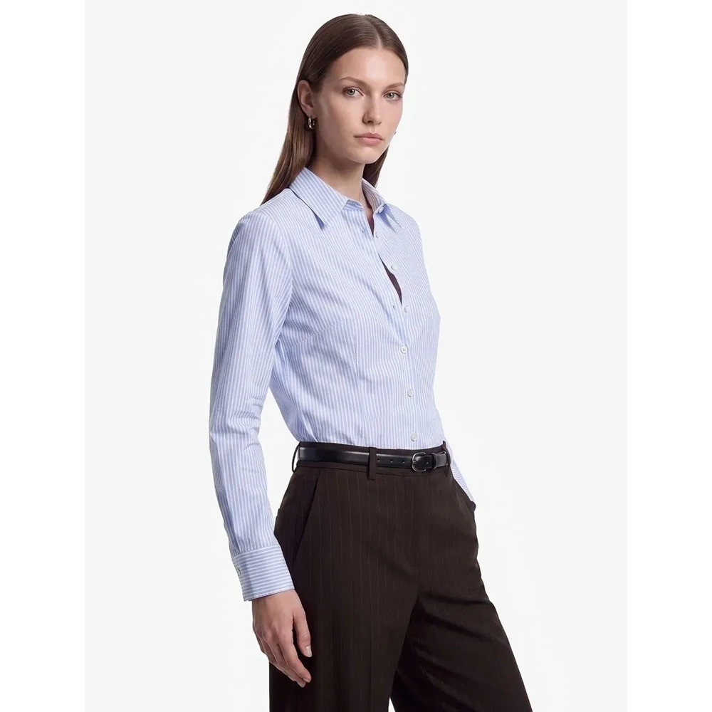 Klasik Yaka Düğmeli Çizgili Poplin Gömlek 7WAK60021UW - KOTON - MAVİ ÇİZGİLİ - 38