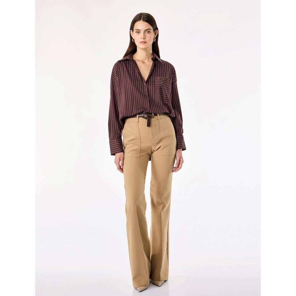 Uzun Kollu Çizgili Oversize Gömlek 7WAK60063EW - KOTON - BORDO - 44