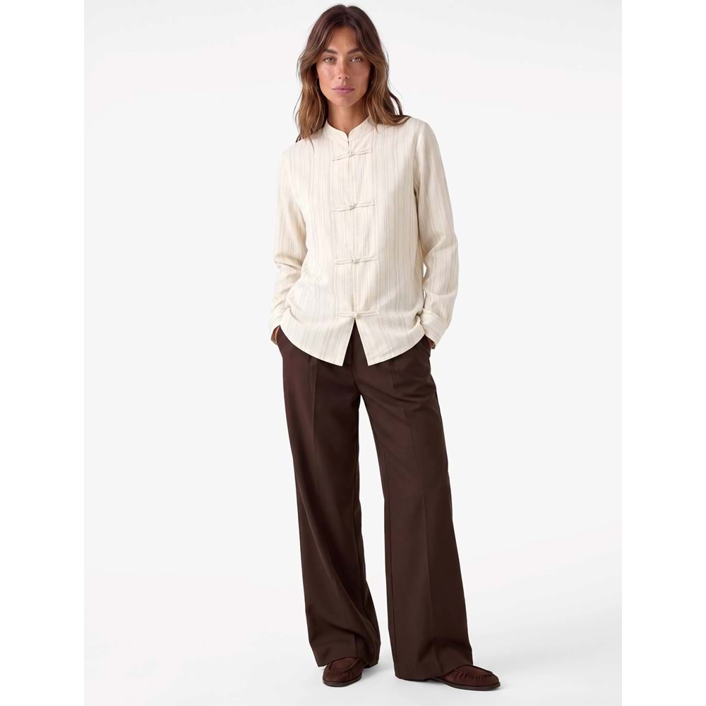Mandarin Yaka Napolyon Oversize Gömlek 7WAK60096PW - KOTON - BEJ ÇİZGİLİ - 38