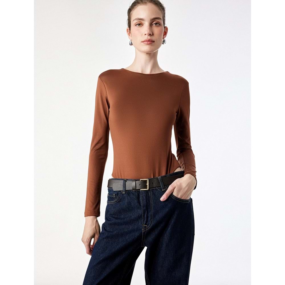 Bisiklet Yaka Uzun Kollu Bodysuit 7WAK80003EK - KOTON - KAHVERENGİ - S