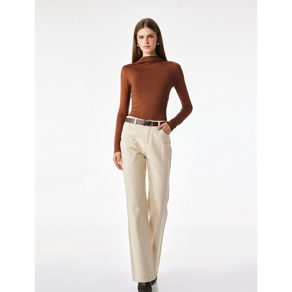 Drape Detaylı Hafif Dik Yaka Bodysuit 7WAK80008EK - KOTON - KAHVERENGİ - S
