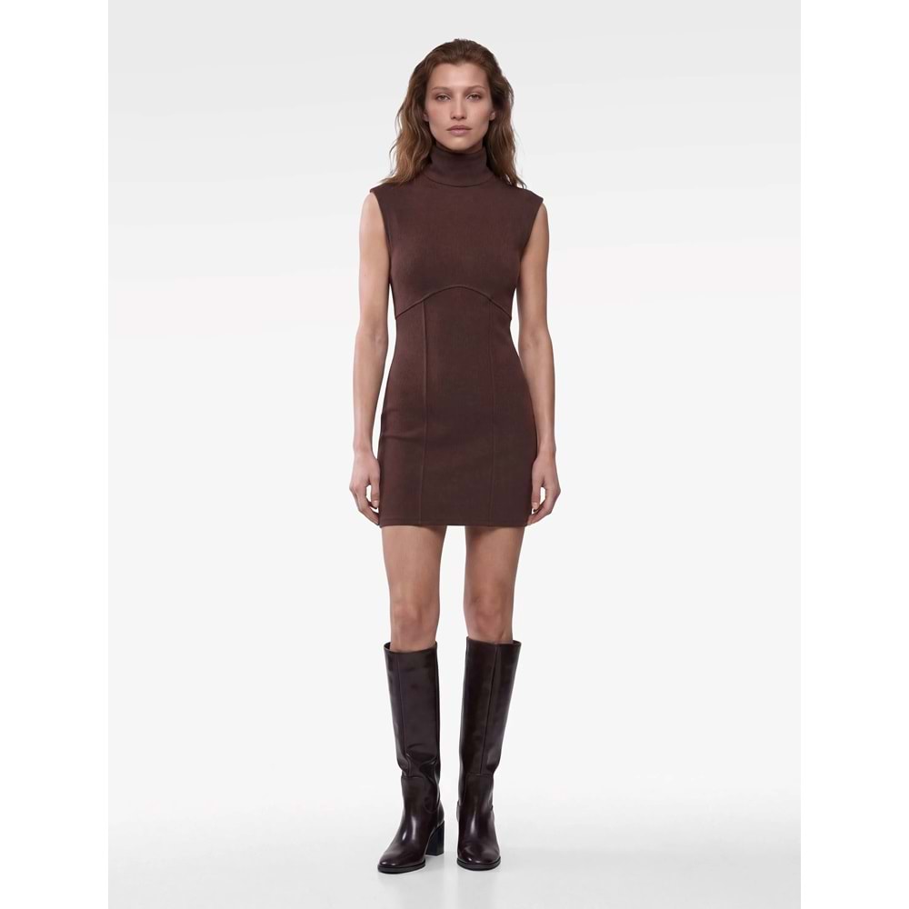 Slim Fit Kolsuz Dik Yaka Mini Elbise 7WAK80065EK - KOTON - KAHVERENGİ - XS