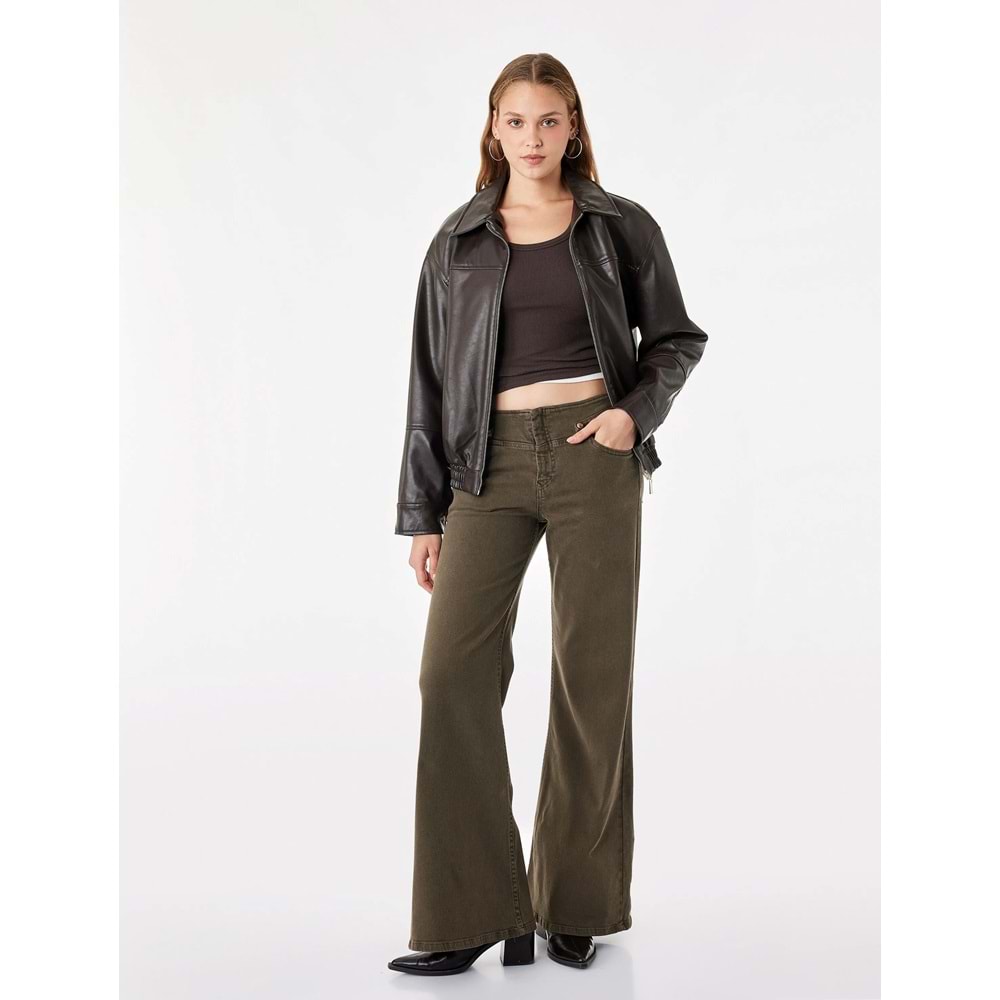 İspanyol Paça Cepli Denim Pantolon - Flare Jeans 7WAL40027MW - KOTON - KOYU HAKİ - 40
