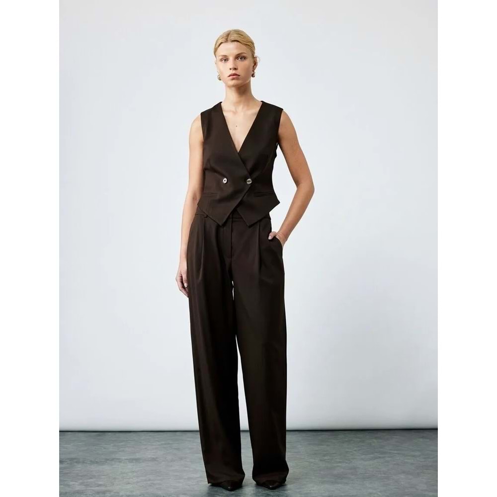 Kadın Giyim Düğmeli Kolsuz V Yaka Blazer Yelek - KOTON - 6WAK20013UW - KAHVERENGİ - 36