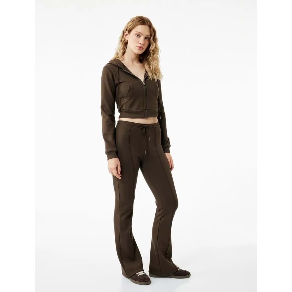 Kadın Giyim Pamuklu Beli Bağcıklı Nervürlü İspanyol Paça Eşofman Altı - KOTON - 6WAK30007EK - KAHVERENGİ - L