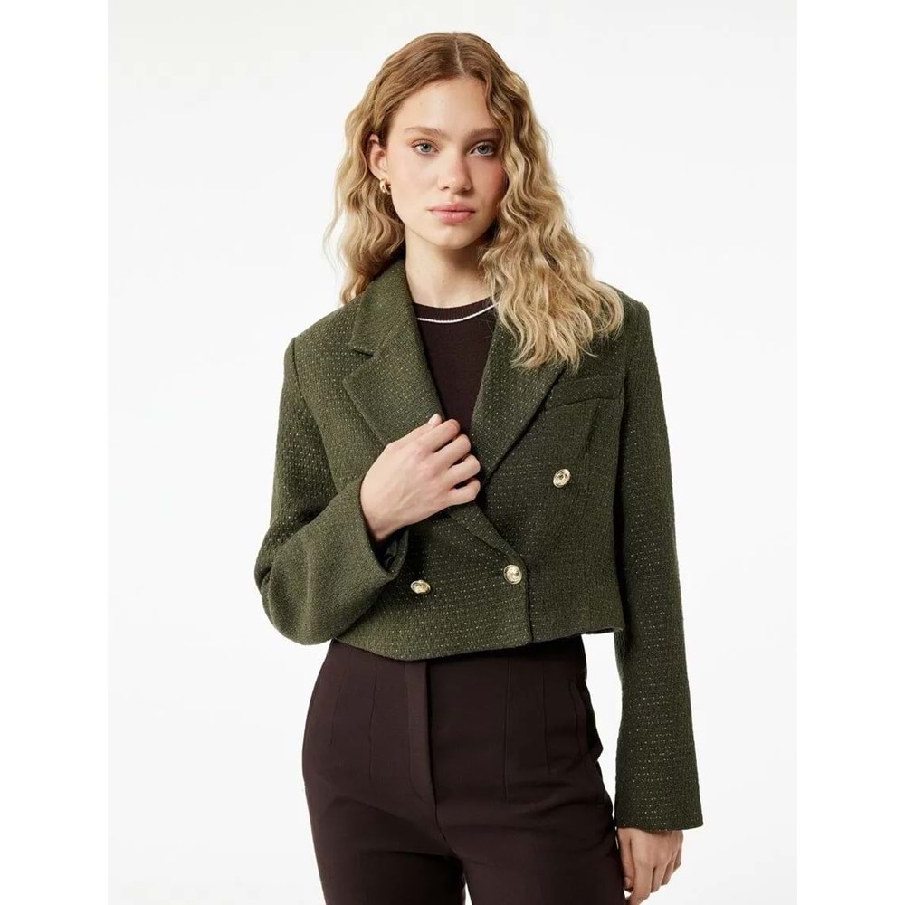 Kadın Giyim Uzun Kollu Kruvaze Düğmeli Oversize Blazer Ceket - KOTON - 6WAK50011UW - HAKİ DESENLİ - 42