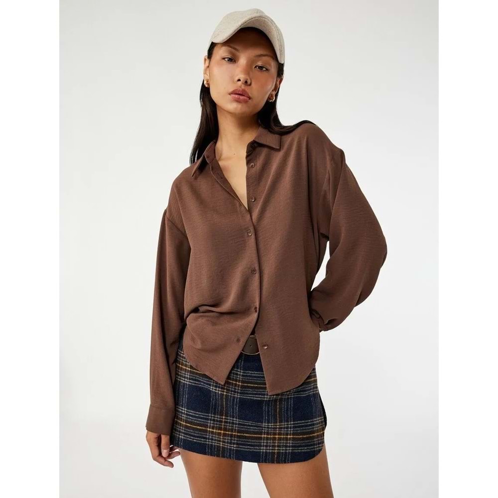 Kadın Giyim Aerobin Kumaş Düğmeli Klasik Yaka Uzun Kollu Oversize Gömlek - KOTON - 6WAL60004IW - KAHVERENGİ - 36