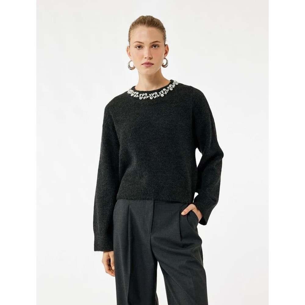 Kadın Giyim Uzun Kollu Bisiklet Yaka Taşlı Triko Kazak - KOTON - 6WAK90145HT - GRİ - XL